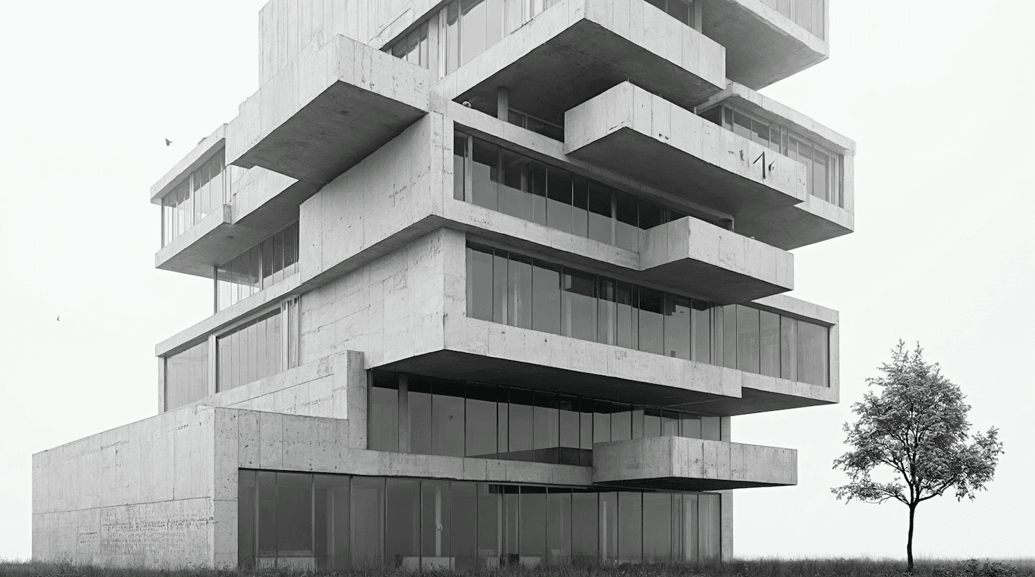 A modern building facade of stacked concrete slabs and large glass windows